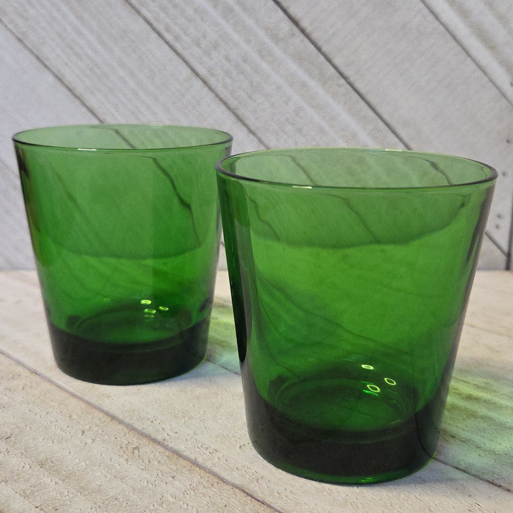 Set Of 2 MCM Green Glass Candle Holders Or Tumblers Made In Italy